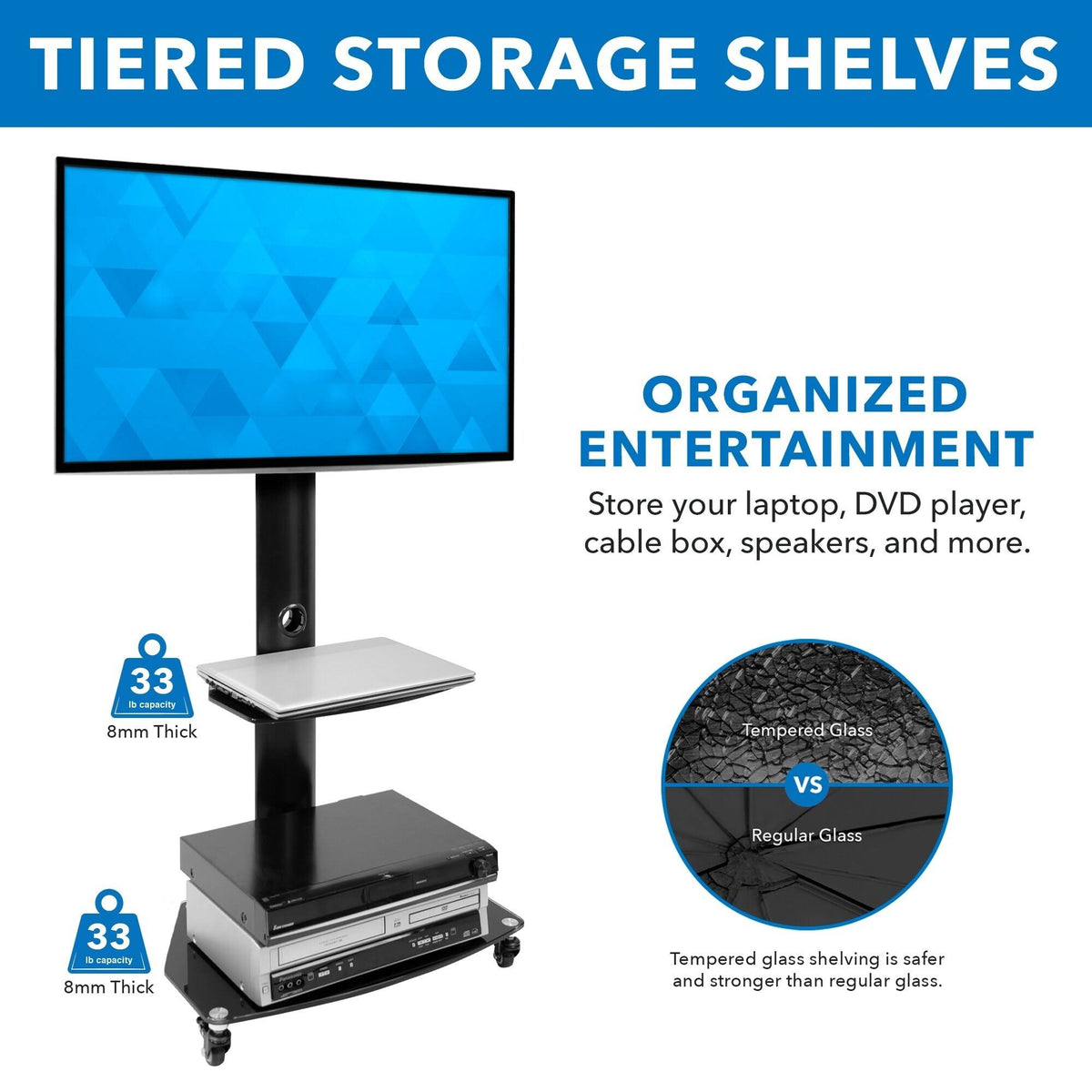 Mobile TV Stand Cart for Flat Screen TVs, Adjustable - Black Q322192