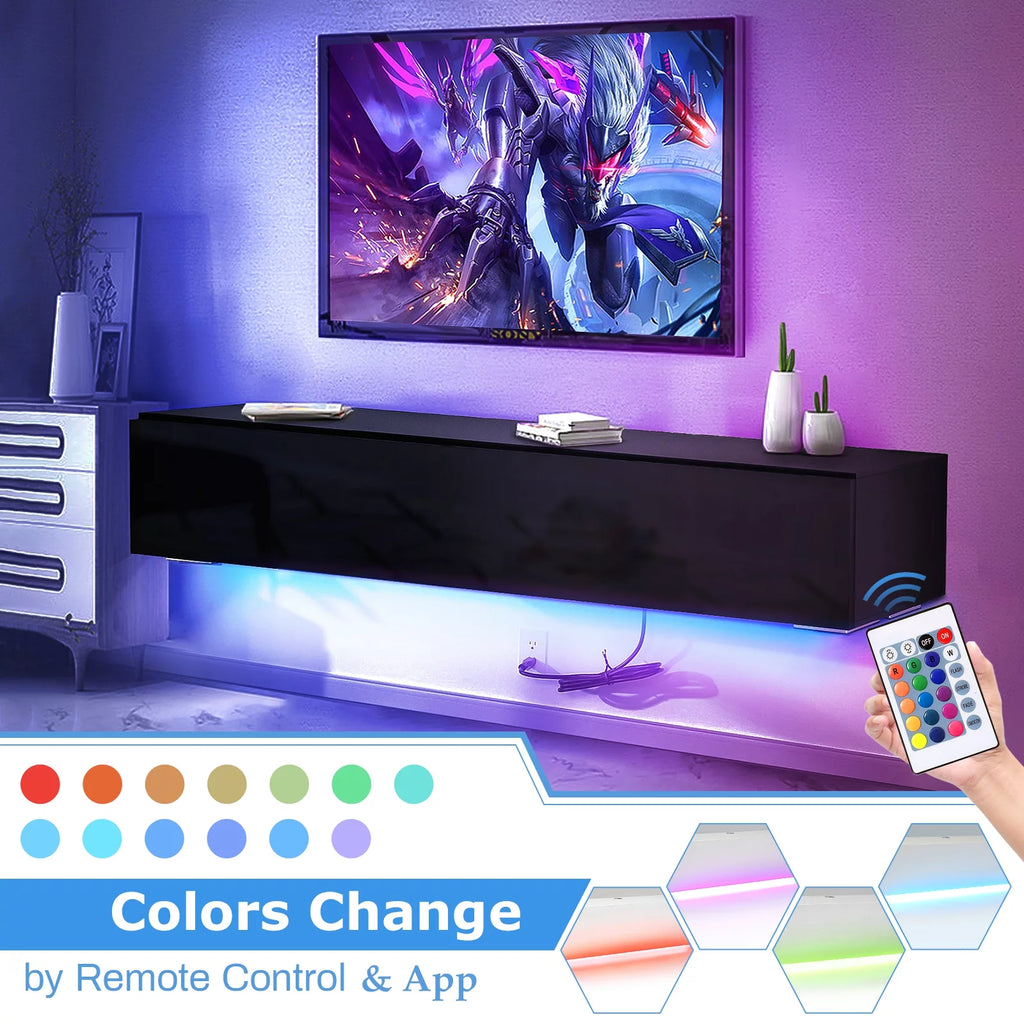 White Floating TV Stand with LED Lights and Storage D3085