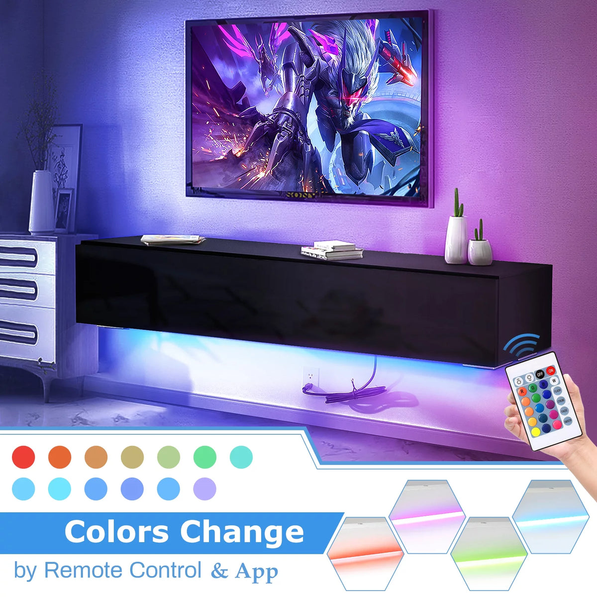 White Floating TV Stand with LED Lights and Storage D3085