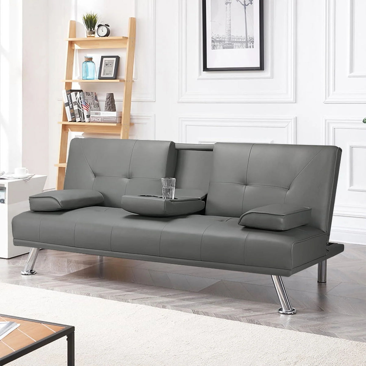 Gray Faux Leather Futon with Cupholders and Pillows V598632