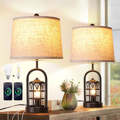 23" Rustic Table Lamp Set of 2 with Night Light, Brown B1258