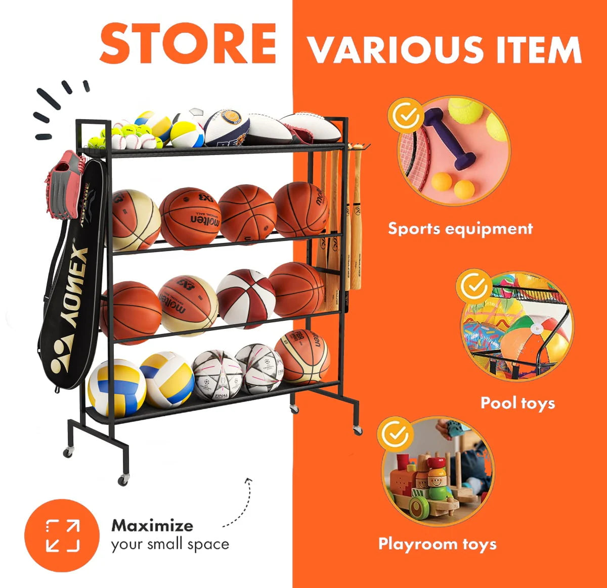 4 Tier Rolling Ball Storage Organizer with Hooks O85424