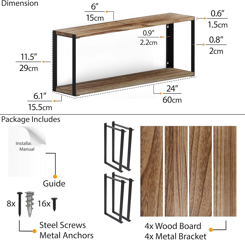 Wood Floating Shelves 24x6 2 Tier Set of 2 Burned Finish G878