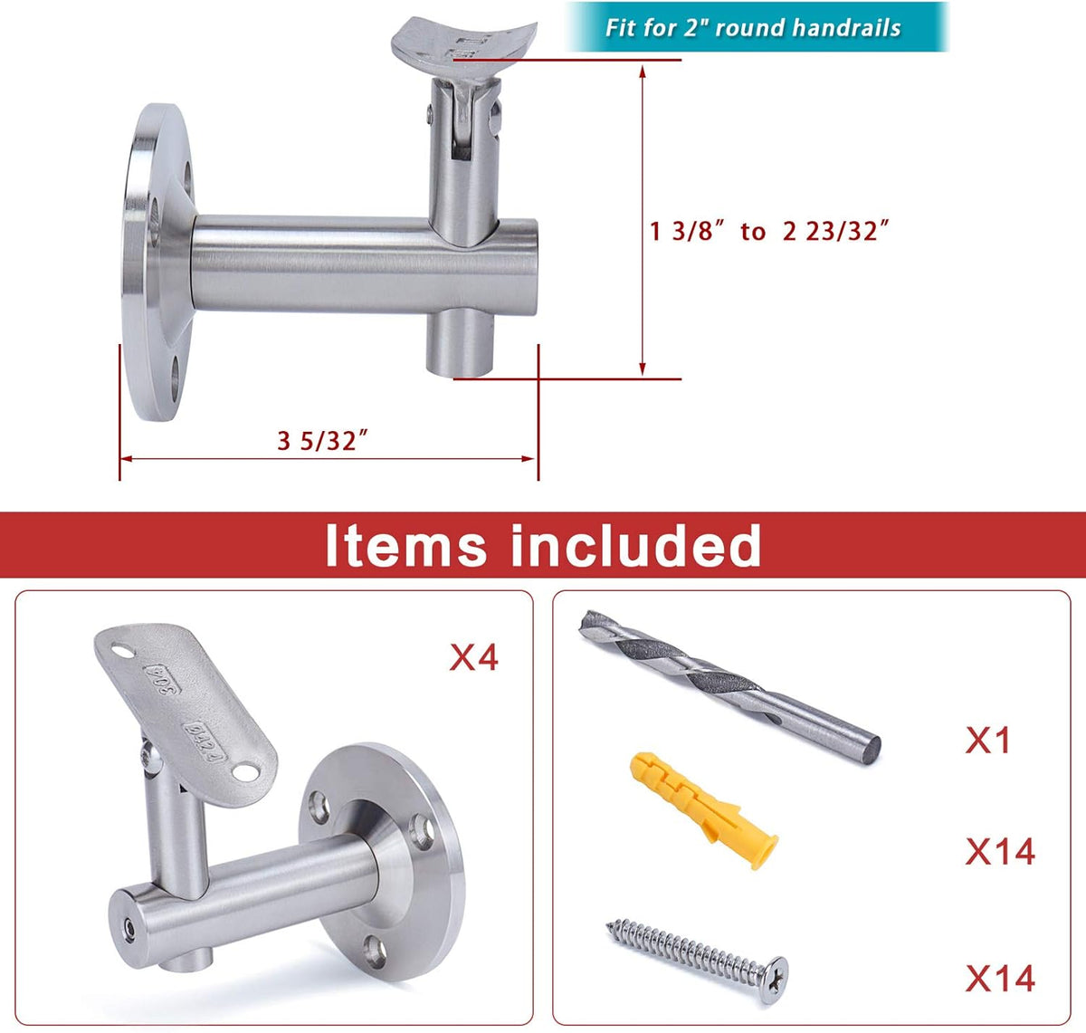 Adjustable Heavy Duty Brushed Stainless Steel Handrail Brackets K677