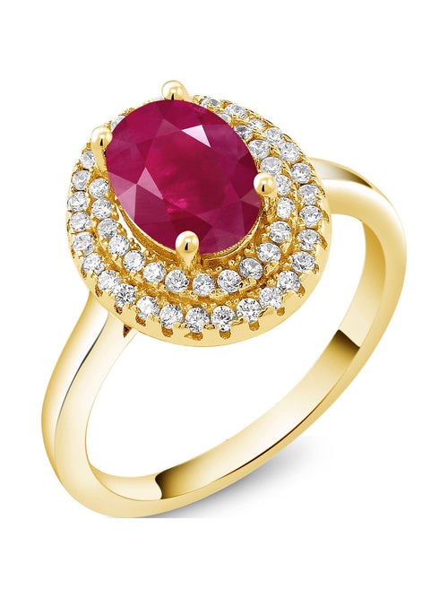 18K Yellow Gold Plated Silver Oval Red Ruby Halo Engagement Ring G66610