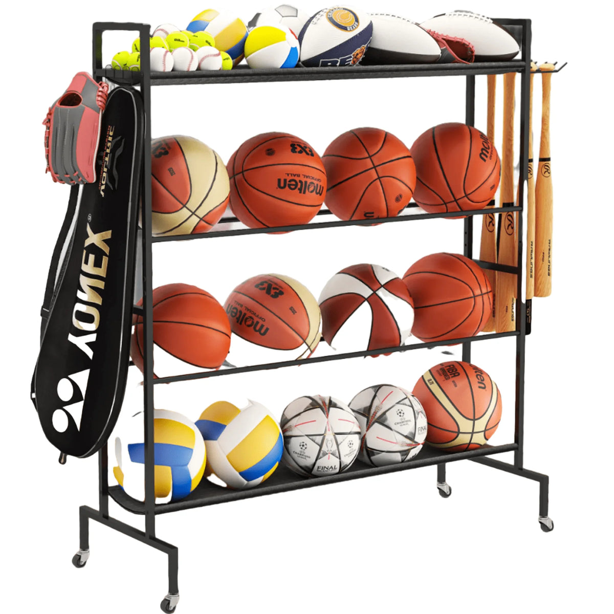 4 Tier Rolling Ball Storage Organizer with Hooks O85424