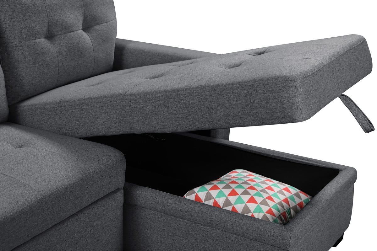 Dark Gray Reversible Sleeper Sectional Sofa with Storage Chaise H606