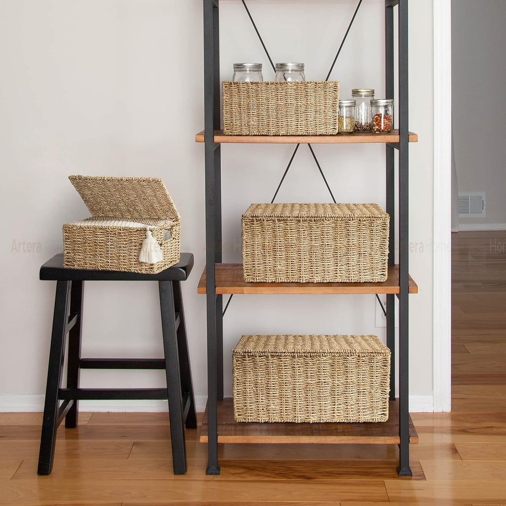 Wicker Storage Basket Set of 3 Woven Seagrass Baskets with Lid and Handle, Large Rectangular Natural Nesting Storage Bins G983493