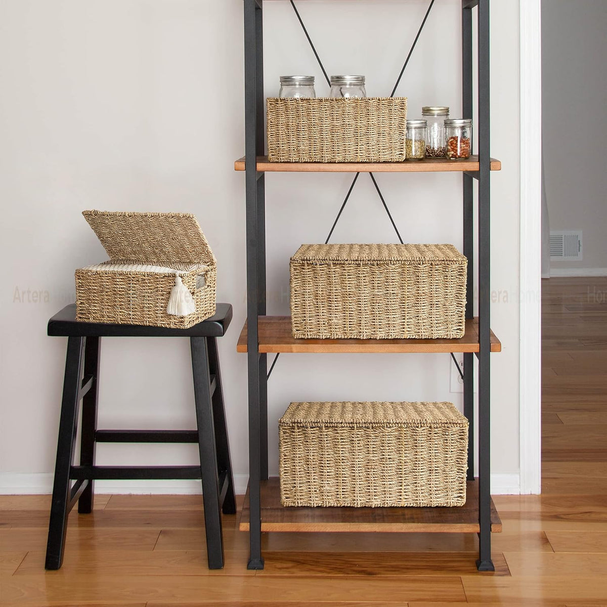Wicker Storage Basket Set of 3 Woven Seagrass Baskets with Lid and Handle, Large Rectangular Natural Nesting Storage Bins G983493