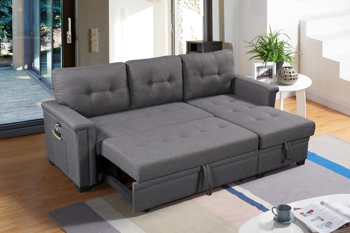 Dark Gray Reversible Sleeper Sectional Sofa with Storage Chaise H606
