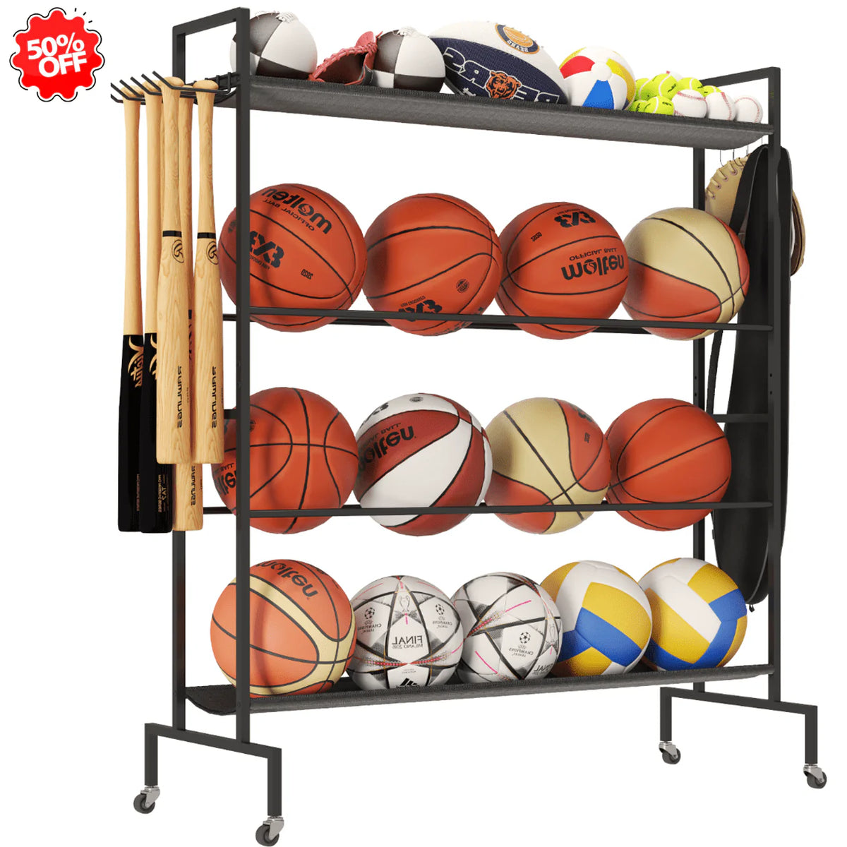 4 Tier Rolling Ball Storage Organizer with Hooks O85424