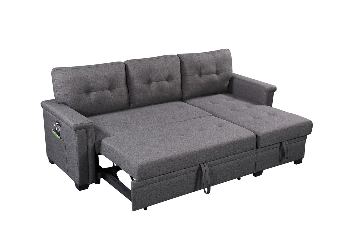 Dark Gray Reversible Sleeper Sectional Sofa with Storage Chaise H606
