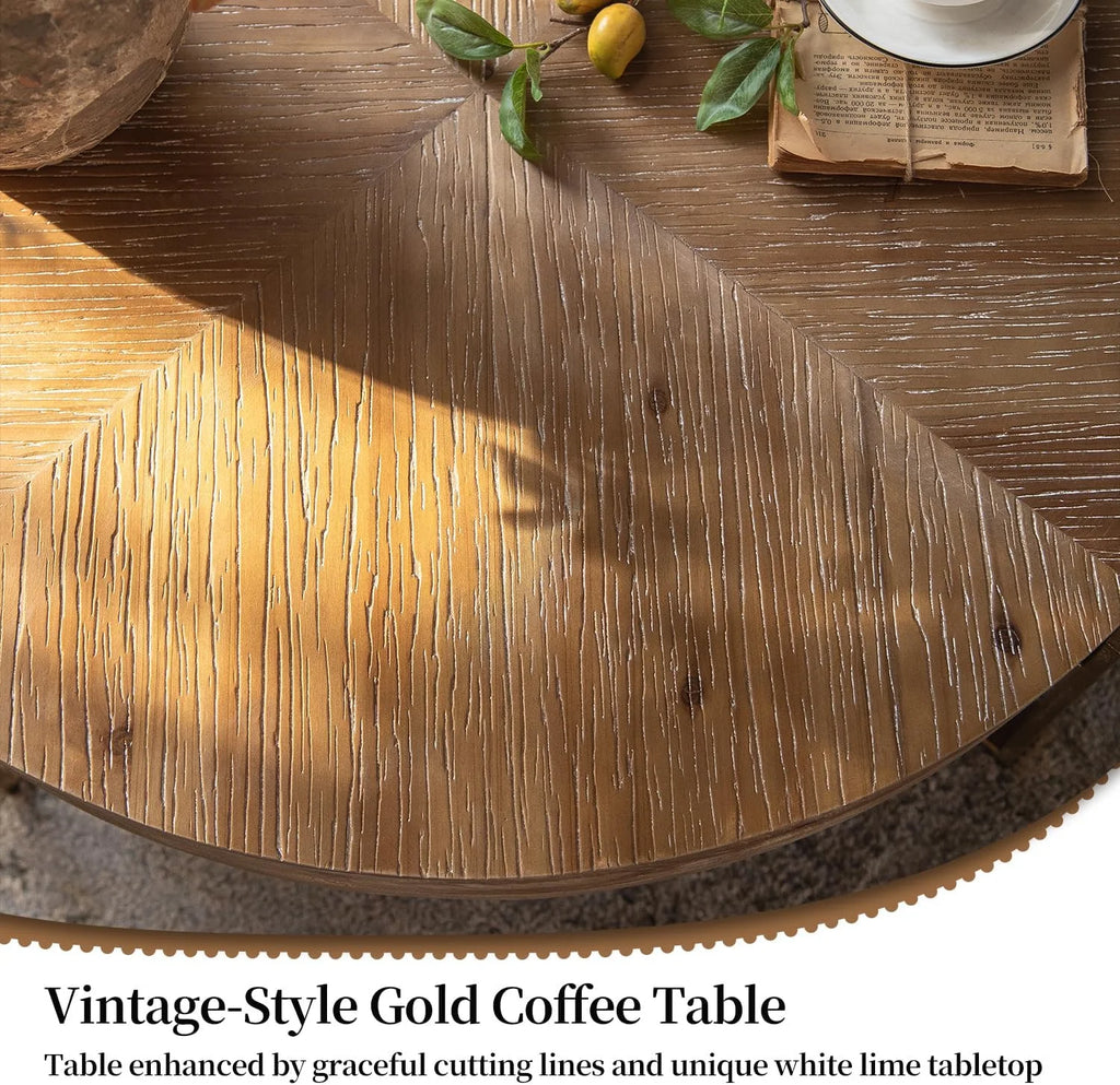 Round Wood Coffee Table with Gold Metal Legs C667