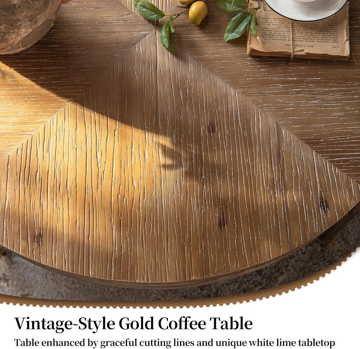 Round Wood Coffee Table with Gold Metal Legs C667