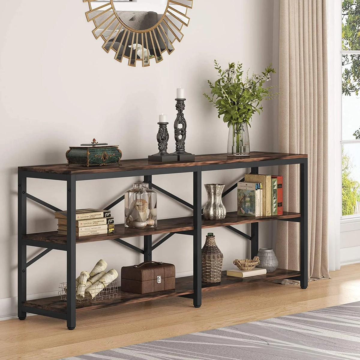 70.9" 3-Tier Industrial Console Sofa Table with Storage Shelves Z7954