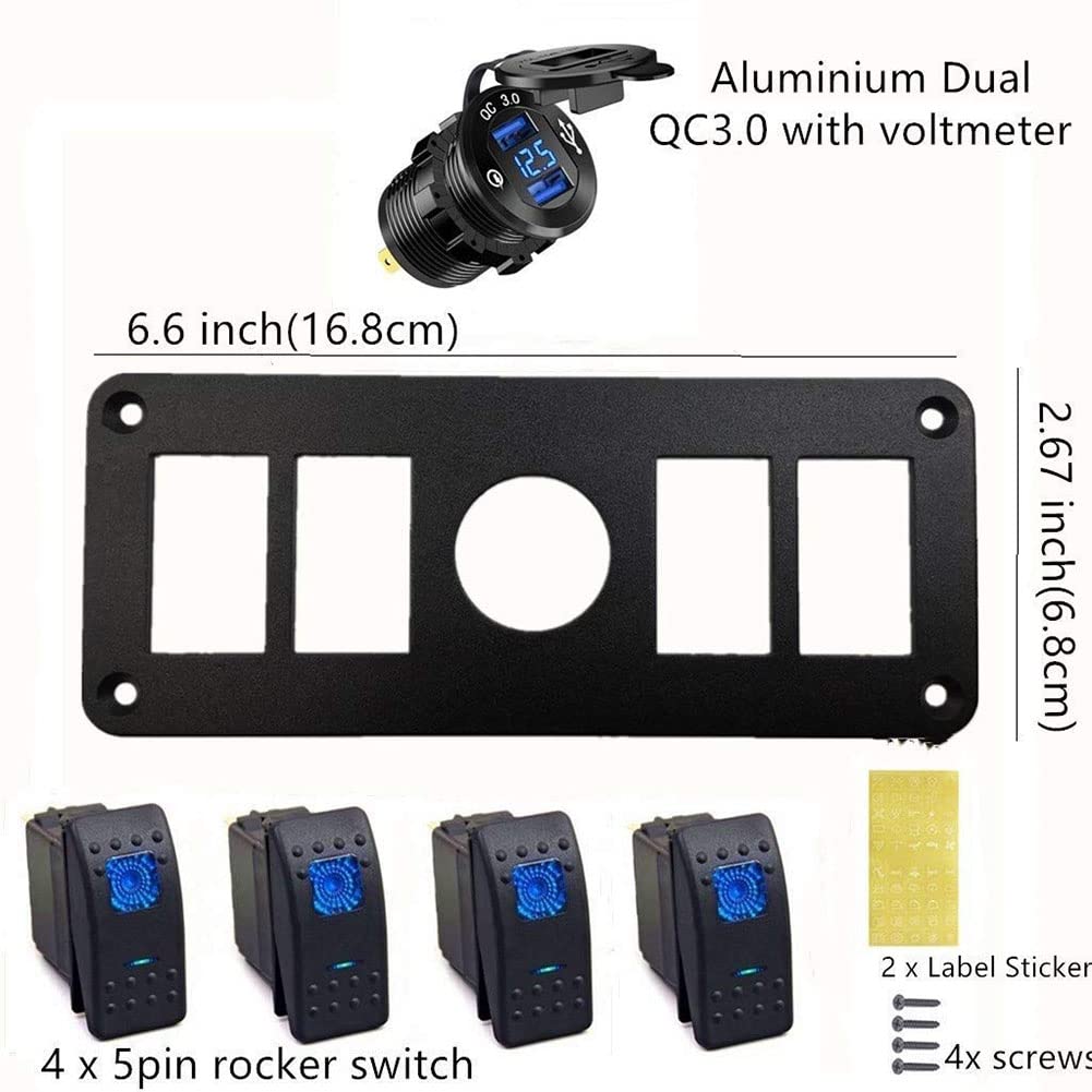 4 Gang Marine Switch Panel with Dual USB Charger Voltmeter Waterproof 12V-24V DC Pack of 2 M151719