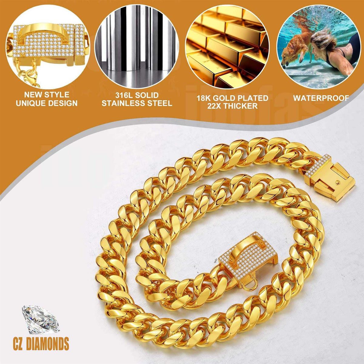 Gold Chain Cuban Link Stainless Steel Dog Collar I997252