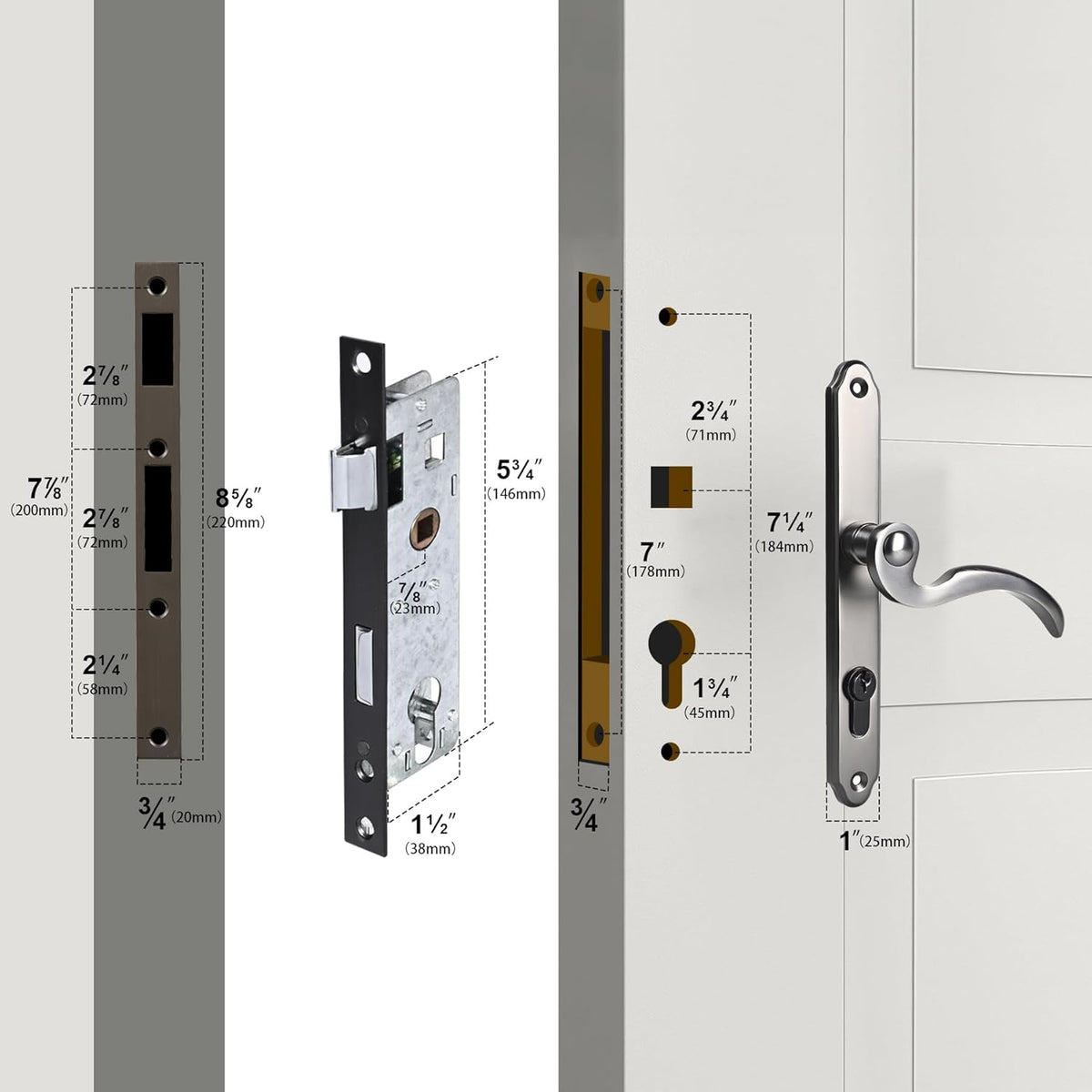 Brushed Polished Brass Solid Brass Lever Handle Mortise Lock Set for 1 in. Or 1.38 in. Thickness H1381