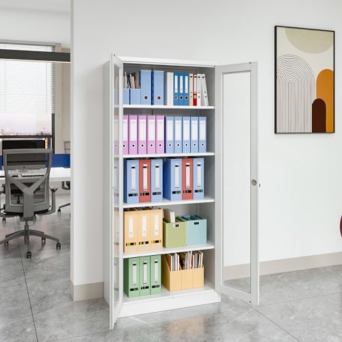 71" Locking Steel Cabinet with Tempered Glass Door, 2 Adjustable Shelves, 4 Doors, White T564