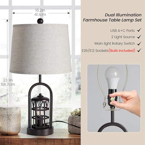 23" Rustic Table Lamp Set of 2 with Night Light, Brown B1258