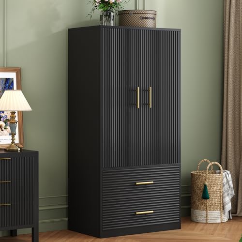 White Freestanding Wooden Armoire with 2 Drawers and Hanging Rod N603