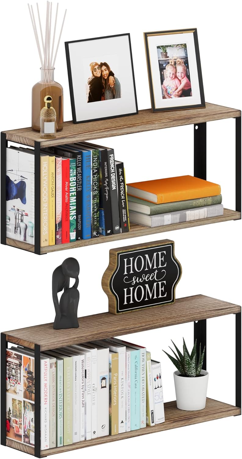 Wood Floating Shelves 24x6 2 Tier Set of 2 Burned Finish G878
