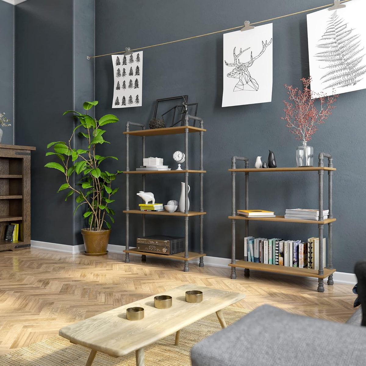 3-Tier Pine Wood and Metal Bookcase L31833