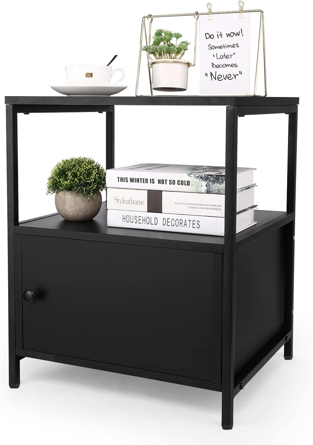 White 3-Tier Wooden Nightstand with Storage Cabinet and Open Shelf L62247