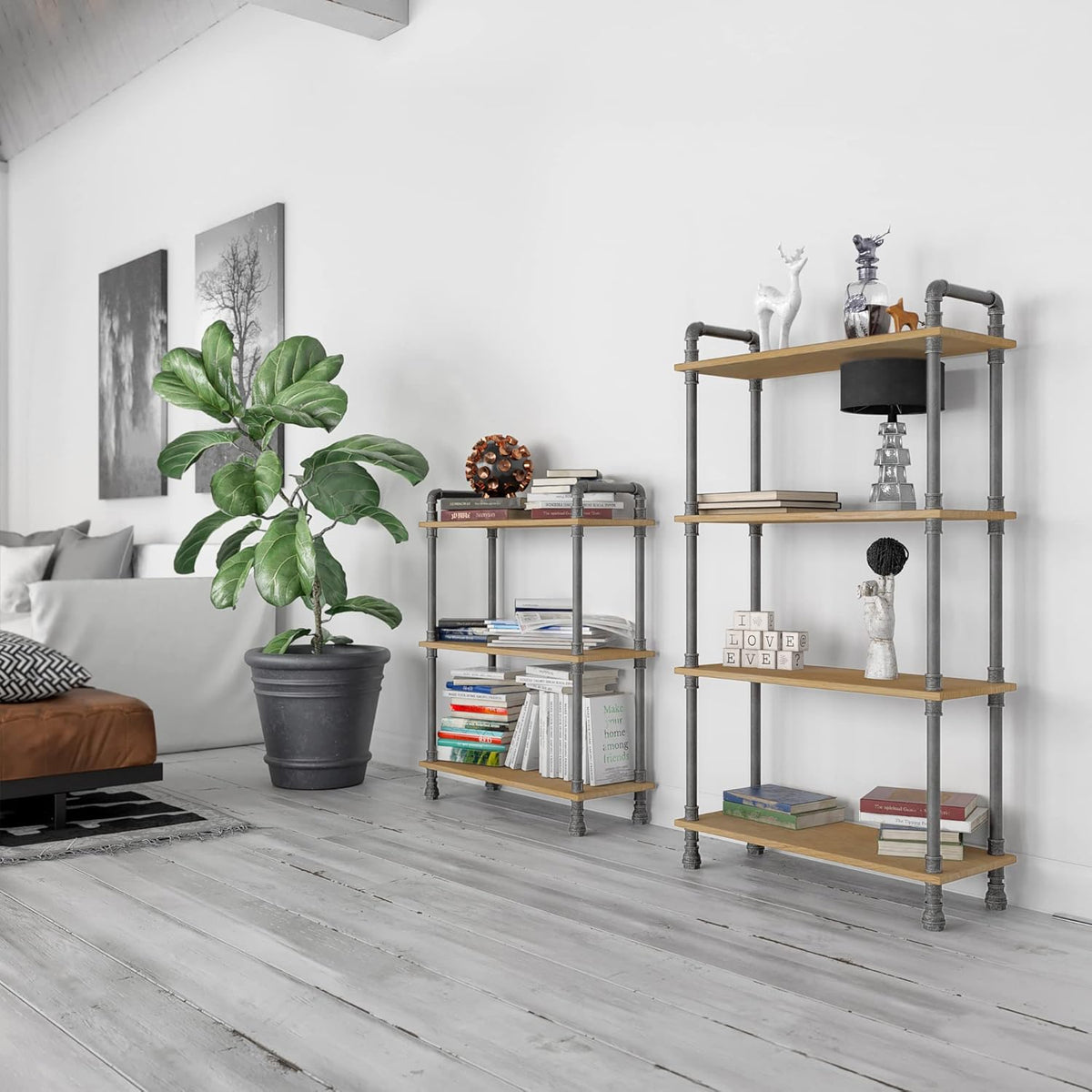 3-Tier Pine Wood and Metal Bookcase L31833