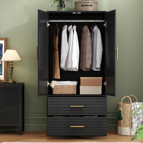 White Freestanding Wooden Armoire with 2 Drawers and Hanging Rod N603