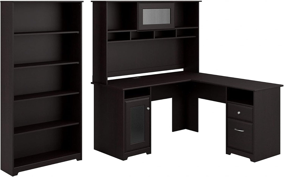 White 60W L Shaped Computer Desk with Hutch and 5 Shelf Bookcase M22190