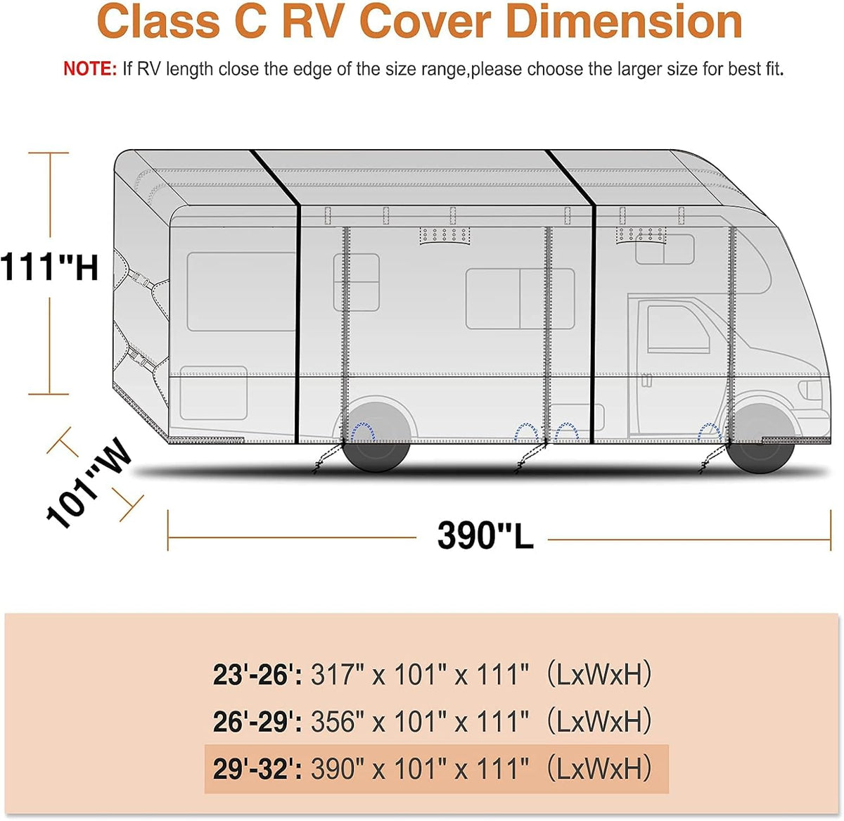 Windproof Waterproof Rip-Stop RV Cover for 29’-32’ Motorhome with Extra Long Straps & Gutter Covers A132