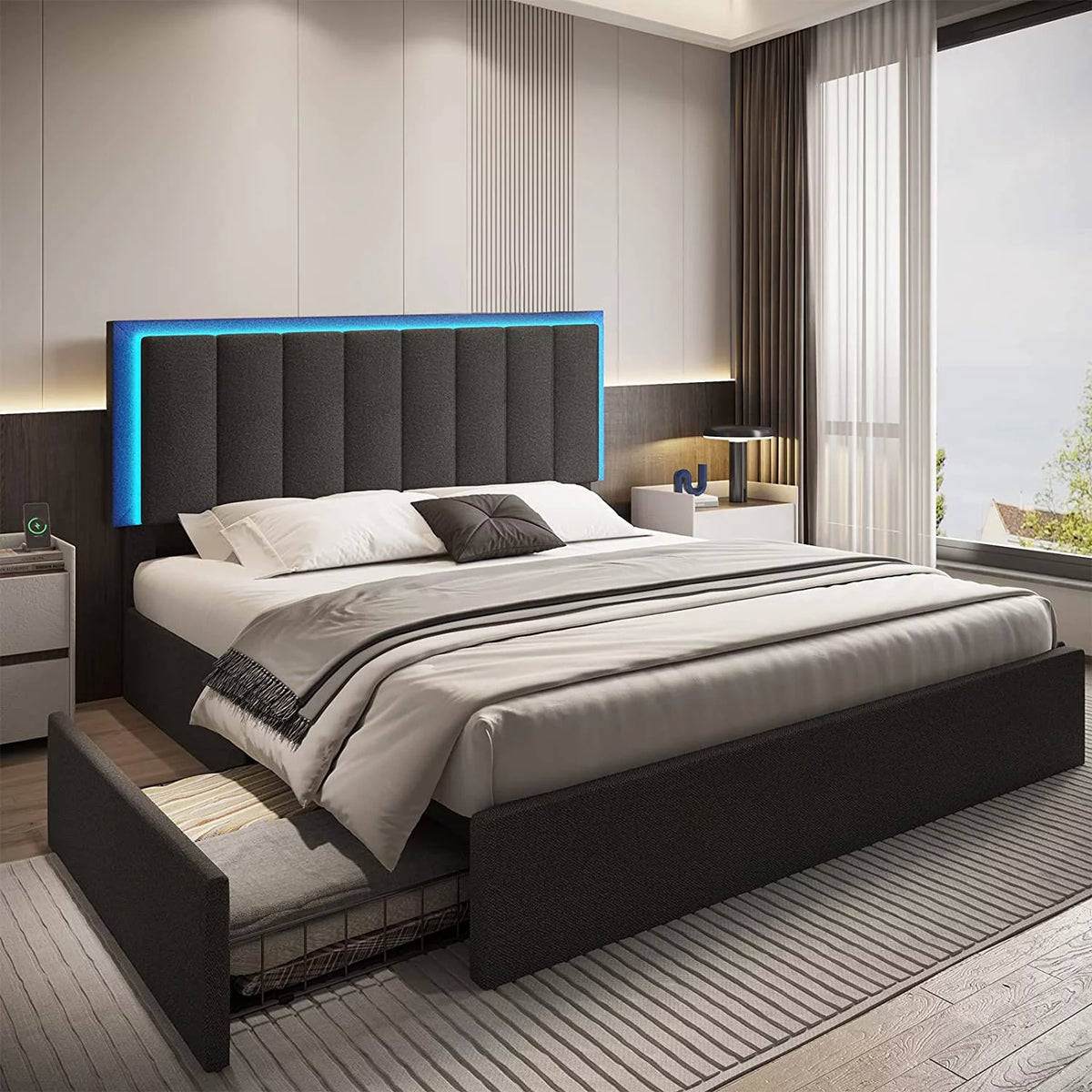 LED Bed Frame with 4 Drawers Linen Fabric Upholstered Platform Bed Dark Grey W9652