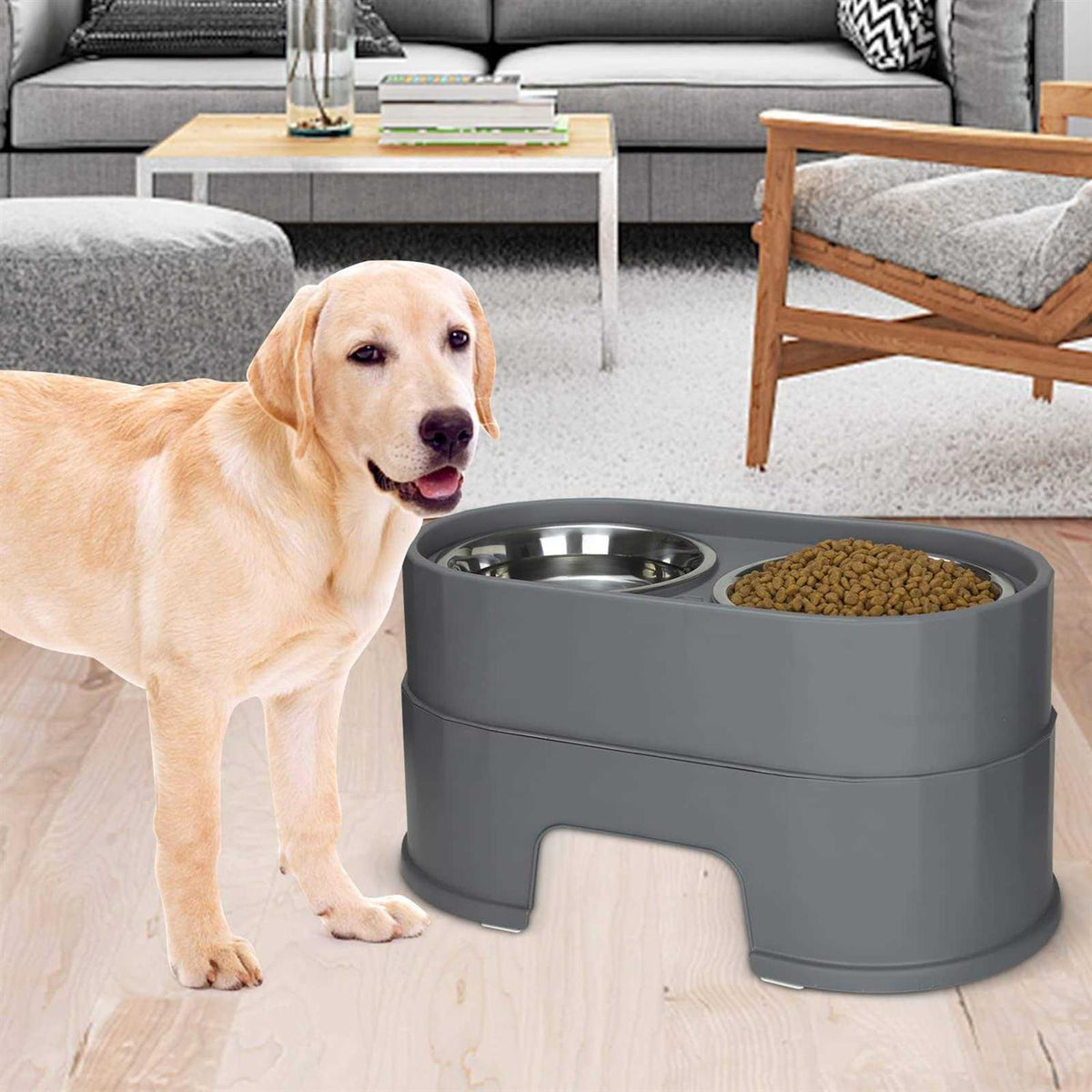 Raised Stainless Steel Dog Bowls Adjustable Double Bowl with Stand S773