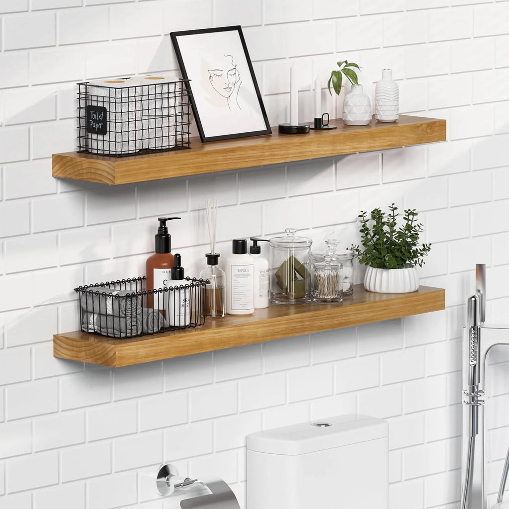36 Inch Natural Wood Floating Shelves Set of 2 V3028