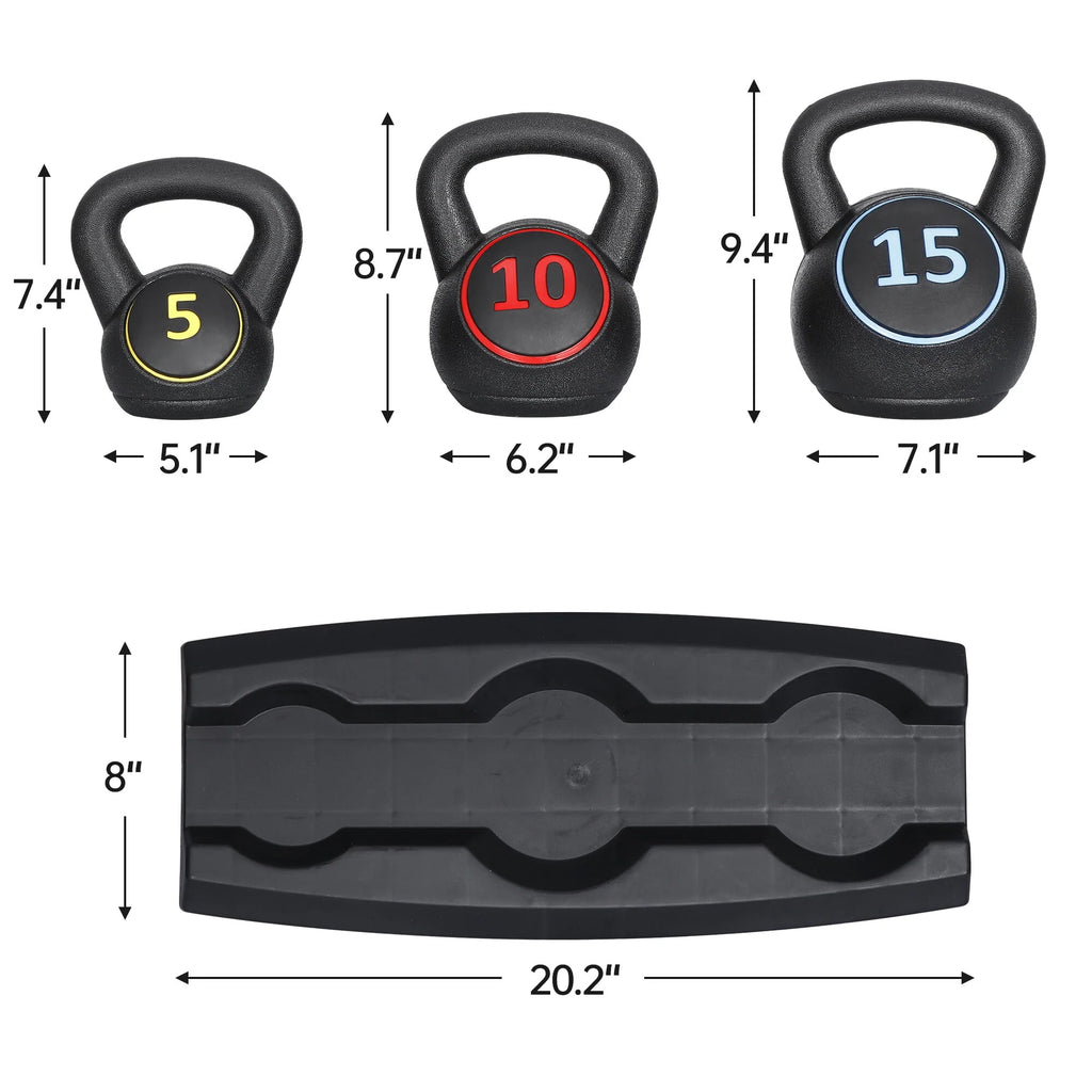 3 Piece 5lb 10lb 15lb Kettlebell Set with Storage Rack V8163