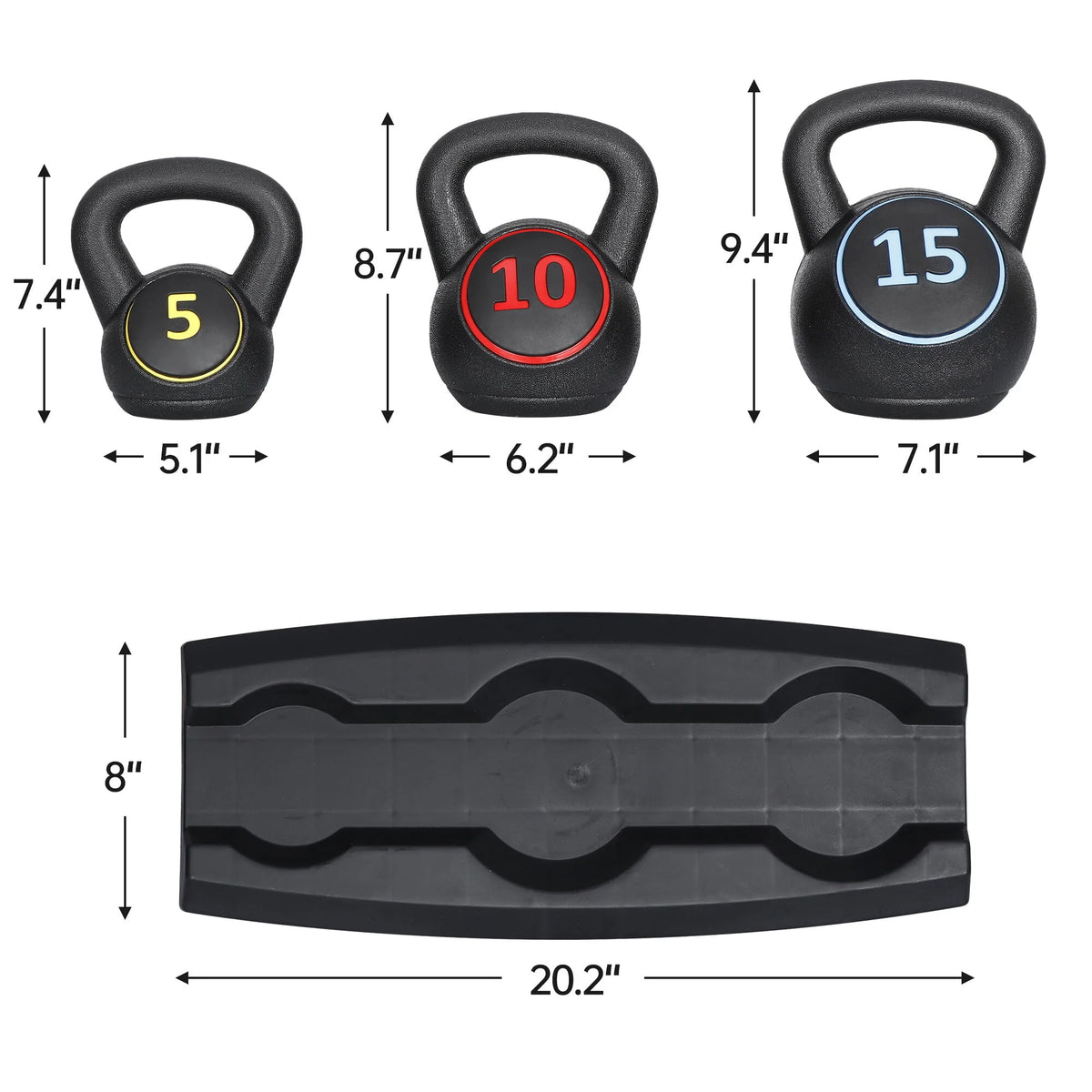 3 Piece 5lb 10lb 15lb Kettlebell Set with Storage Rack V8163