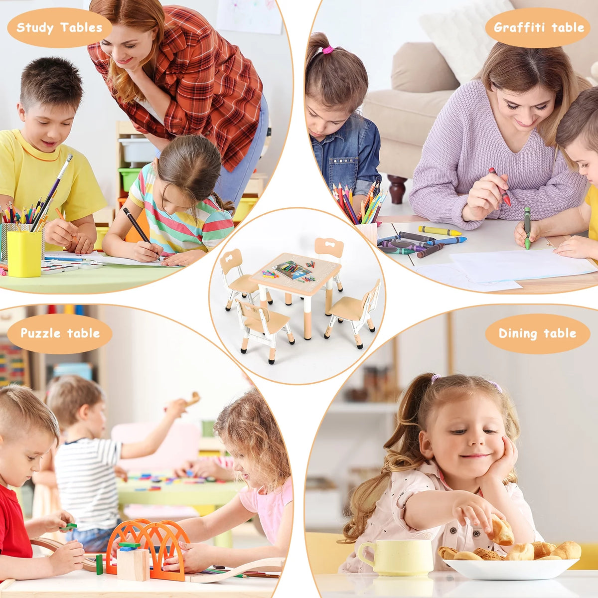 Kids Activity Table and 4 Chairs Set Height Adjustable O114