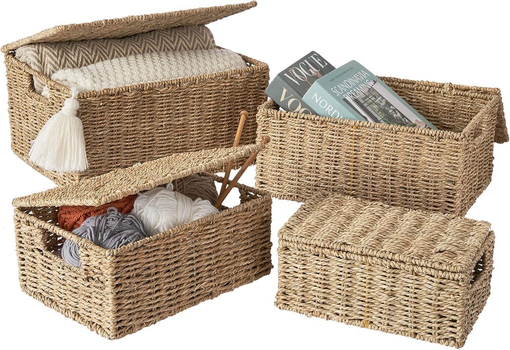 Wicker Storage Basket Set of 3 Woven Seagrass Baskets with Lid and Handle, Large Rectangular Natural Nesting Storage Bins G983493