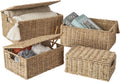 Wicker Storage Basket Set of 3 Woven Seagrass Baskets with Lid and Handle, Large Rectangular Natural Nesting Storage Bins G983493