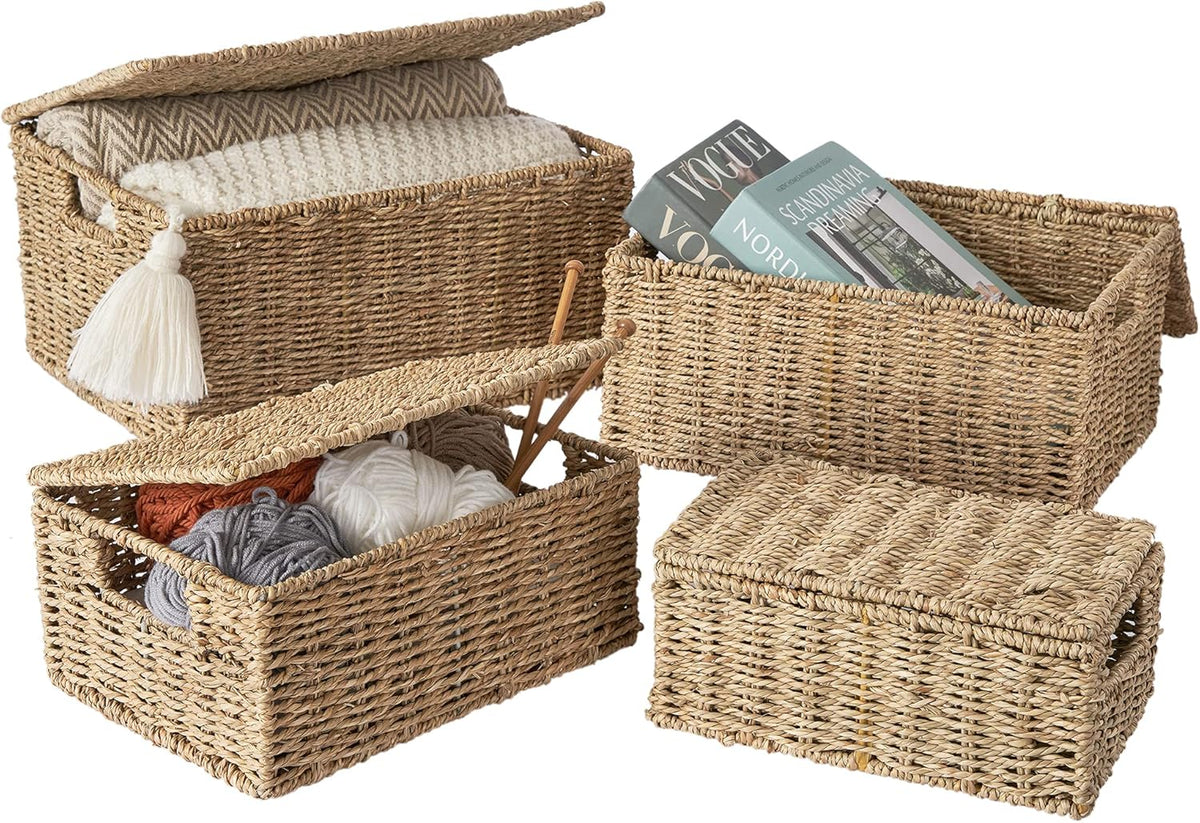 Wicker Storage Basket Set of 3 Woven Seagrass Baskets with Lid and Handle, Large Rectangular Natural Nesting Storage Bins G983493