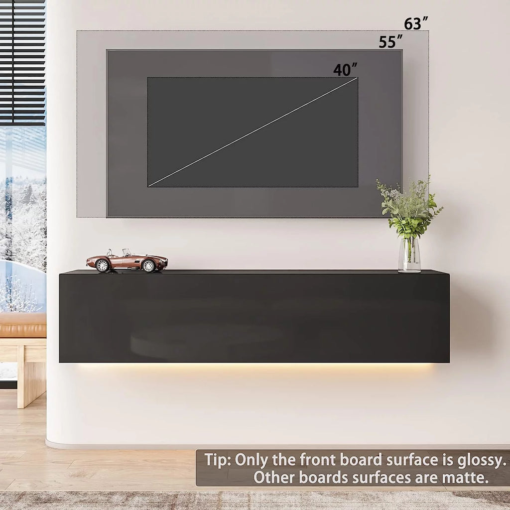 White Floating TV Stand with LED Lights and Storage D3085