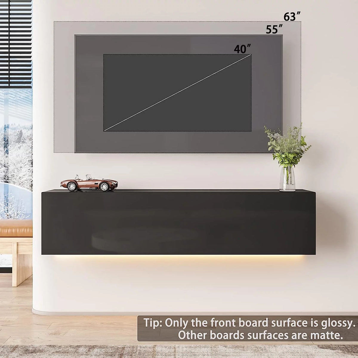 White Floating TV Stand with LED Lights and Storage D3085