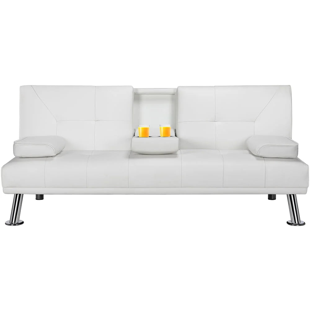 Gray Faux Leather Futon with Cupholders and Pillows V598632