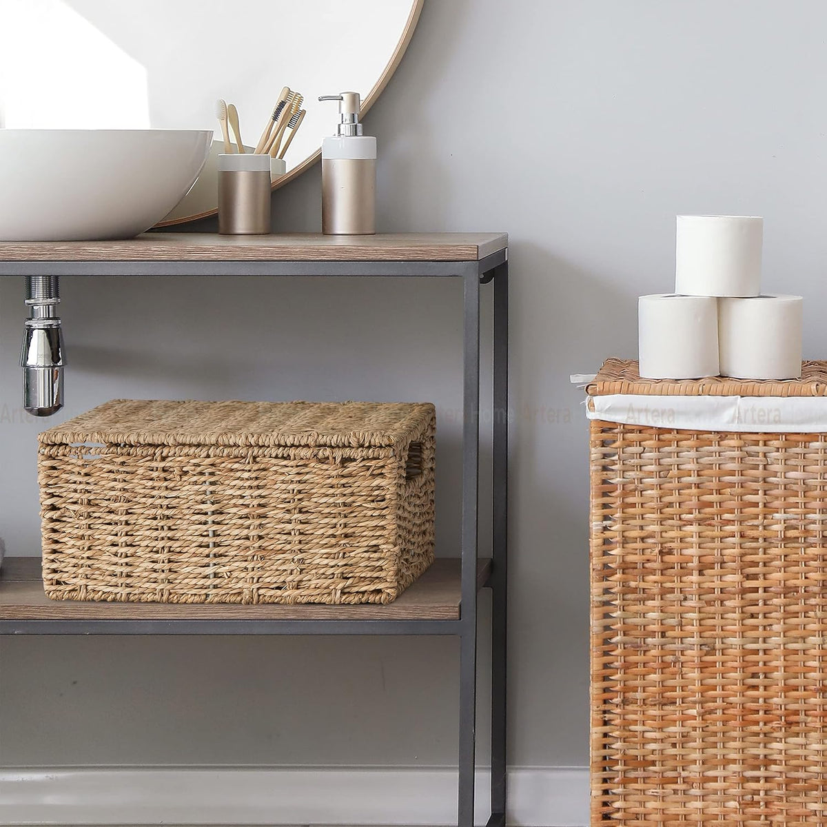 Wicker Storage Basket Set of 3 Woven Seagrass Baskets with Lid and Handle, Large Rectangular Natural Nesting Storage Bins G983493
