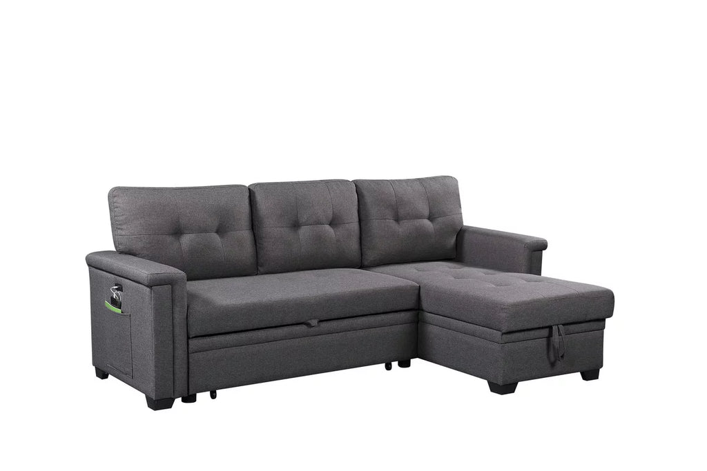 Dark Gray Reversible Sleeper Sectional Sofa with Storage Chaise H606