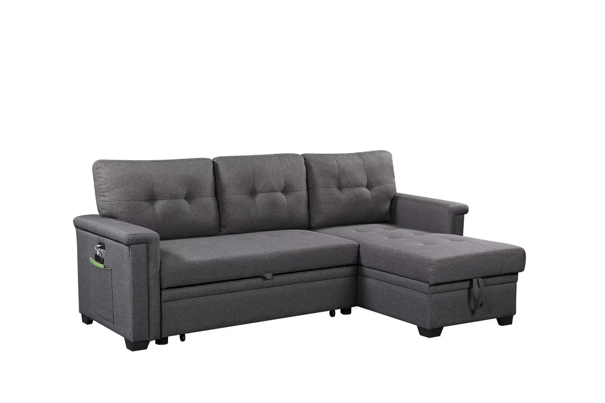 Dark Gray Reversible Sleeper Sectional Sofa with Storage Chaise H606