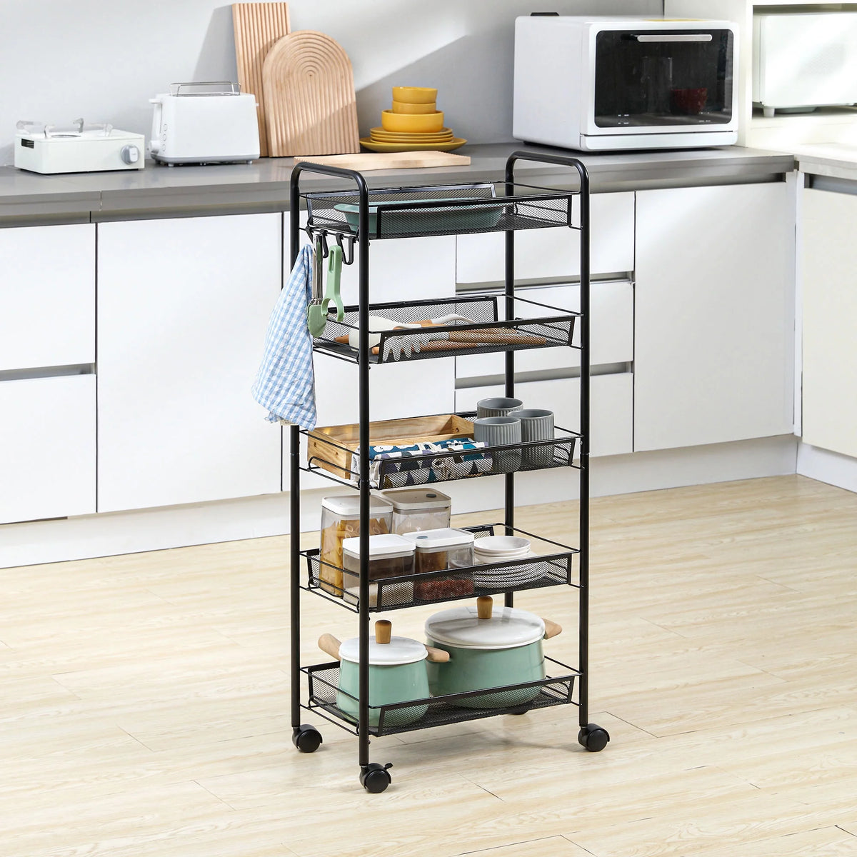 5 Tier Metal Rolling Cart with Mesh Baskets E66464