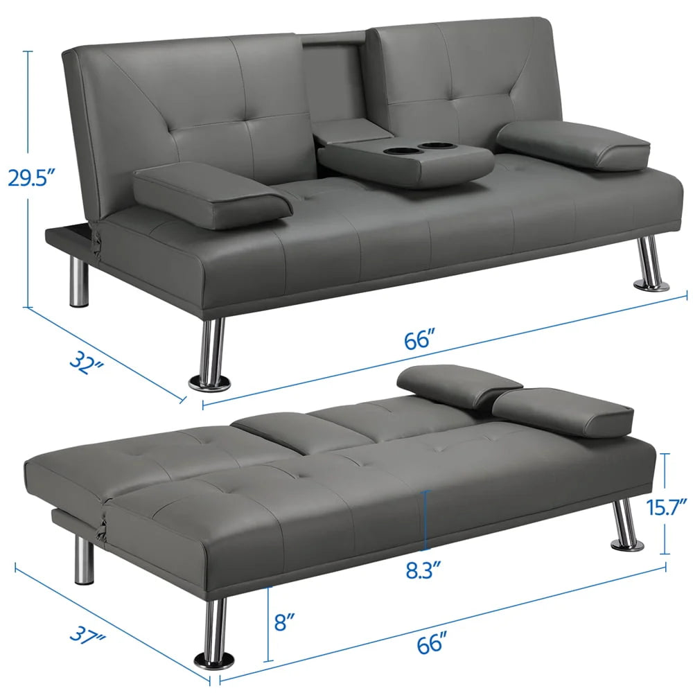 Gray Faux Leather Futon with Cupholders and Pillows V598632