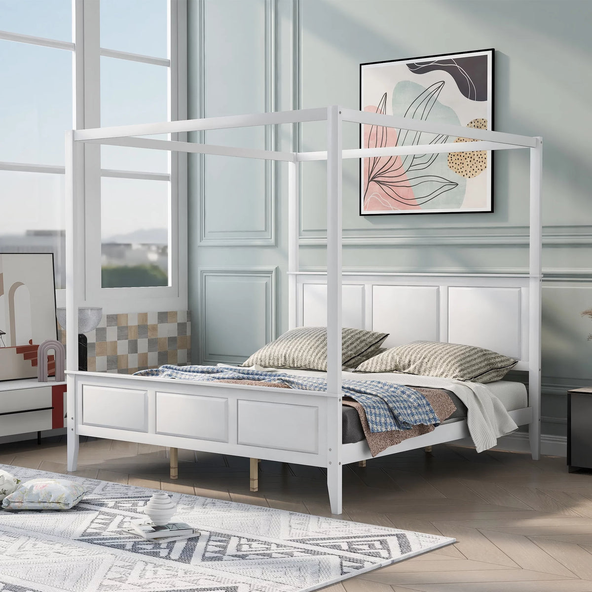 King Size Canopy Platform Bed with Headboard and Footboard U40370